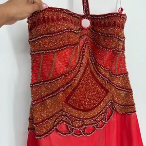 Y2K Silk Red Beaded Halter Dress Formal Gown Chiffon Prom Dress Scalloped Bodice